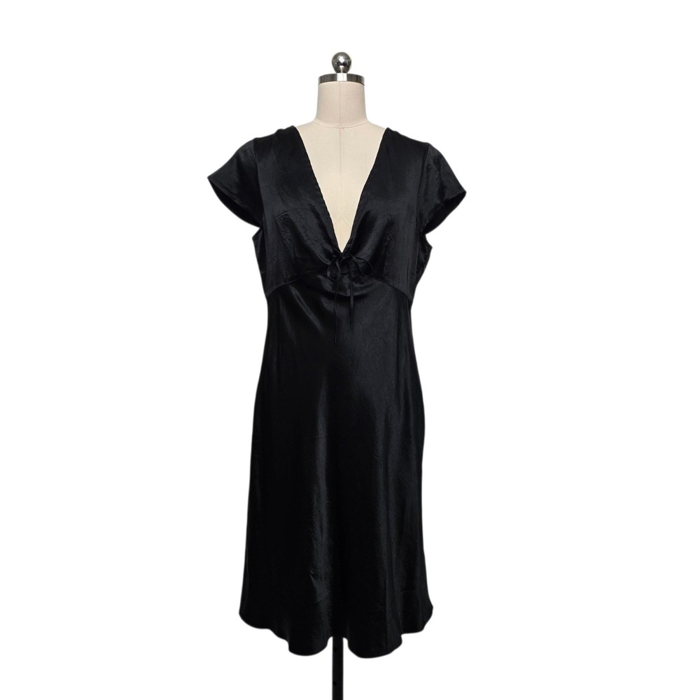 J.Crew Black Satin Tie Front V-Neck Midi Dress CD330 Womens Size 12 NEW